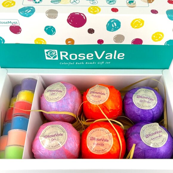 RoseVale Bath Bomb Gift Set 6 Ct + 6 Heart Candles Lavender Vanilla Sea Scents - Picture 2 of 9